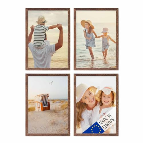 PHOTOLINI Bilderrahmen Holz A4 21x30 Eiche Dunkel, Holzbilderrahmen DIN A4 Made in EU, 4er Set, bruchsicheres Acrylglas, zum Aufhängen & Aufstellen, extra Zubehör - für Ihre liebsten Fotos & Bilder