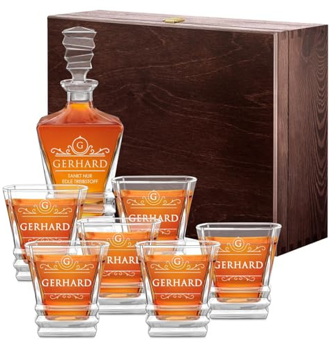 Maverton Geometric Whiskey Karaffe + 6 Whiskygläser Set mit Gravur | Whiskey Dekanter Set aus Kristallglas, Whisky Set für Mann zum Geburtstag, zu Weihnachten, Ornament