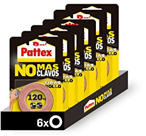 Pattex NO MÁS CLAVOS - Pack de 6 Cintas de doble cara sin residuos de 1,5 metros cada una. Cinta Multisuperficie para Pegar sin hacer Agujeros. Color Blanco