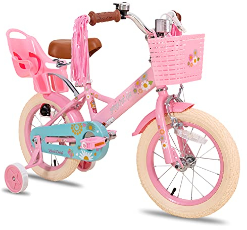 JOYSTAR Little Daisy 16 Zoll Kinderfahrrad für 4-7 Jahre Mädchen Kleinkinderfahrrad mit Stützrädern Prinzessin Kinderfahrrad mit Korb Fahrradschlangen Kleinkindfahrrad Fahrräder Rosa…