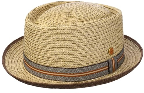 Mayser Andy Brown Pork Pie Strohhut Sommerhut Sonnenhut Porkpie Pork-Pie-Hut Strandhut Herren - Made in The EU Sommer Frühling-Sommer - 57 cm Natur