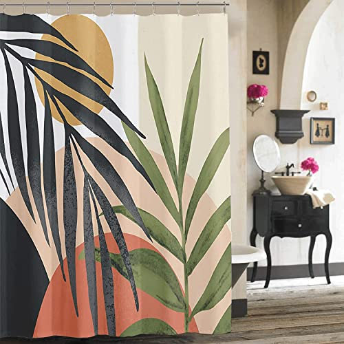 Inshere Vintage Boho Duschvorhang für Badezimmer mit 12 Haken, Mitte Jahrhundert, abstrakter Duschvorhang, tropische Pflanze, böhmischer Stil, 183x183 cm, wasserdichter Stoff