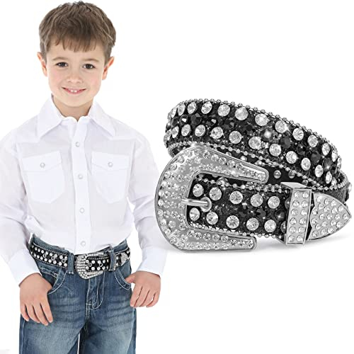 XZQTIVE Gürtel Kinder Glitzer Gürtel für Jungen Mädchen Kinder Strass Gürtel Western Cowboy Cowgirl Kindergürtel mit Diamant Kristall Taille Gürtel Bling Gürtel (Silber Schwarz,85cm)