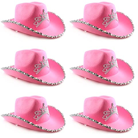 6 Stück rosa Kuh-Mädchen-Hüte mit Tiara – Damen rosa Cowgirl-Hut mit Tiara auf der Vorderseite – perfekt für Cowgirl-Verkleidungen, Junggesellinnenabschied und andere Kostümveranstaltungen