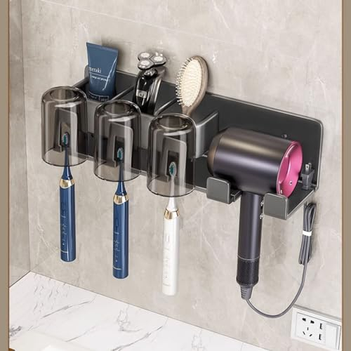 Zahnbürstenhalter Wand ohne Bohren,Zahnbürstenhalter,Föhnhalter mit 3 Fächern Aufbewahrung und Kabelhaler 3in 1,Badezimmer Organizer,Zahnburstenhalterung Ohne Bohren Kann für Kinder, Familien,Schwarz