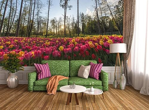 Poster Geant Mural Peintures murales de papier peint de jardin de tulipe 3D, 120 * 80cm Poster Geant Mural 3D Pour Salon Chambre Décoration Murale