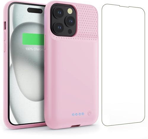 QTshine Battery Case for iPhone 15 Pro (6.1Inch), Real 7500mAh Ultra Slim Portable & 15W Fast Charging, Rechargeable Protective Extended Charger Case Cover Only for iPhone 15 Pro Charging Case-Pink