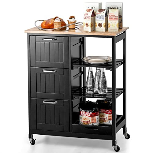 COSTWAY Desserte de Cuisine à roulettes, Chariot de Service avec Plateau en Bois d'Hévéa, 3 Grand Tiroirs, 3 Étagères de Rangements, Roues verrouillables, 37 x 67 x 83,5 cm, Noir