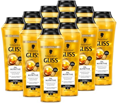 Gliss Shampoo Oil Nutritive (12 x 250 ml), Haarshampoo mit Omega 9 & Marula-Öl, Pflegeshampoo für strohiges Haar & strapaziertes Haar sorgt für Geschmeidigkeit und Glanz