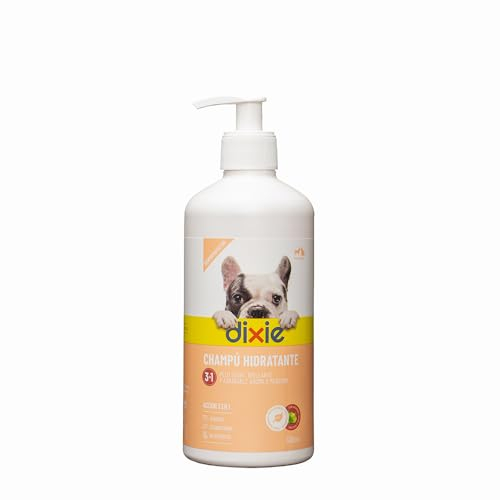 DIXIE Shampoo für Hunde und Katzen, feuchtigkeitsspendend, 3-in-1, 500 ml, weiches und glänzendes Fell, pflegt und verhindert schlechte Gerüche, Apfelduft, erleichtert das Kämmen des Haustiers