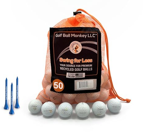 Golf Ball Monkey Recycelt für Titleist ProV1 & Pro V1x weiße Golfbälle – 50 GoodCondition Pro V 1 x gebrauchte Pro V1 Golfbälle & Pro V 1 x Golfbälle mit 15 Tees und Netztasche