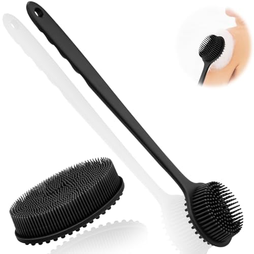 2 Pezzi Spazzola Schiena Doccia con Manico Lungo Spugna Silicone Corpo Nero Body Back Scrubber Lavaschiena per Doccia Esfoliante e Massaggio