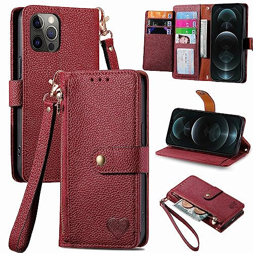 VEEMOS Zipper Wallet Case for Apple iPhone 12 Pro Max Phone Case with Purse Card Holders RFID Blocking Leather Flip Case Book Cover Wrist Strap Women - Red