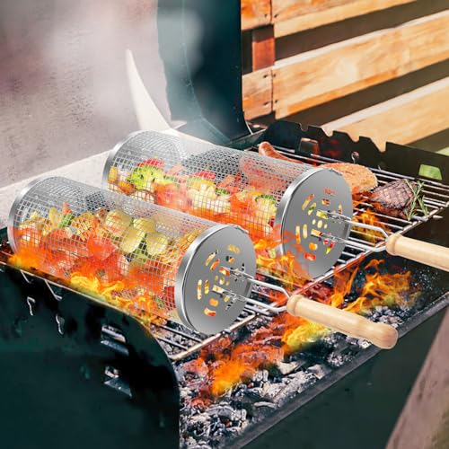 OWZ Rollendes Grillkorb Set - 2 Stück Grillkorb Edelstahl mit Holzgriff - Rolling Grilling Basket - für Camping-Grill im Freien, Gegrilltes Gemüse, Fleischspieße, Meeresfrüchte Usw(31.8 * 9.5CM)