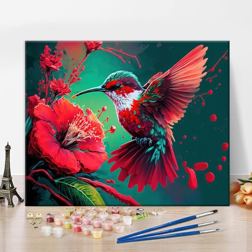 Farbe nach Zahlen Kolibri, DIY Farbe nach Zahlen Kit für Erwachsene und Kinder, Vogel Leinwand Malerei nach Zahlen, Blumen Aquarell Ölgemälde Acrylgemälde Kunst und Handwerk für Home Decor 16x20 Inch