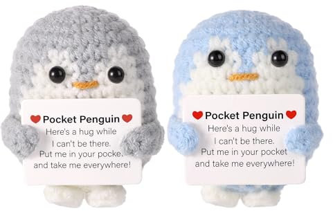TOYMIS 2 Stück Taschen Pinguin, 6,5cm Lustiges Gestricktes Pinguin-Spielzeug mit Ermutigungskarte Süßer Positiver Pinguin Puppe für Freunde Familie Geburtstag Geschenk Dekoration (Grau, Blau)