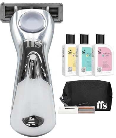 FFS Beauty-Rasierset für Frauen – Ultimatives Rasierset mit silberfarbenem Reiserasierer, Rasierbezug, Reisetasche, Rasiercreme, Körperpeeling und Körpercreme – Reise-Rasierset für empfindliche Haut