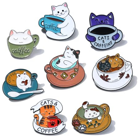 UR URLIFEHALL 8 Pcs 8 Styles Cute Coffee Cat Enamel Lapel Pins Kitten Coffee Cup Brooch Badge Pins for Clothes Backpacks Pants Hats Decorative