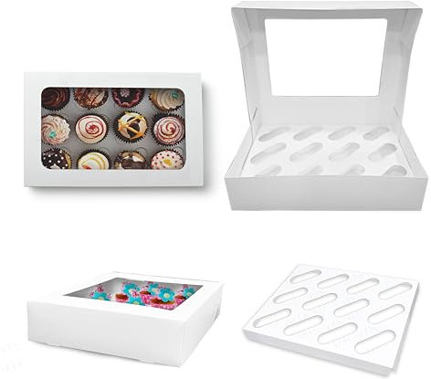 Amour 12 Hole Cupcake Boxes – 10 Pcs Lightweight Cupcake Boxes with Clear Viewing Window & Removable Insert Tray for 12 Standard Size Cupcakes & Muffins - Easy to Assemble