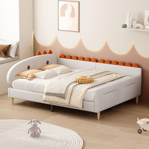 Dolamaní Polster Dinosaurier-Form Tagesbett 140x200 cm, Schlafsofa mit Rückenlehne und Armlehnen mit Lattenrost, Polsterbett Samt Jugendbett (Beige)