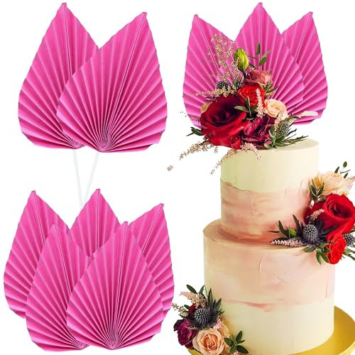 Ephlyn 6Pcs Paper Palm Fan Cake Topper Palm Leaf Fan Toppers DIY Cake Bakeware Insert Cake Decorations for Baby Shower Wedding Bridal Shower Birthday Anniversary Party Decors Rose Red