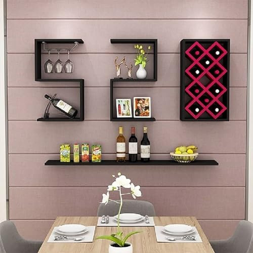 Estante rústico de pared con soporte de vidrio, estante de almacenamiento para 11 botellas para el hogar, bar, restaurante y bares, organizador moderno de botellas de licor (madera oscura)