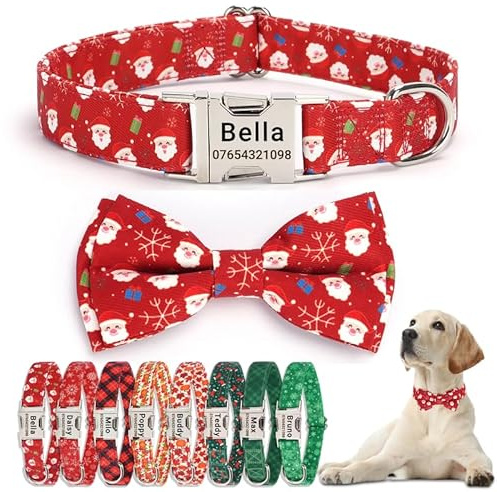 SEOUGEE Weihnachts-Hundehalsband, personalisierbar mit Fliege, verstellbar, weiche Baumwolle, mit individuell gravierter Metallschnalle, Name, Telefonnummer für große Hunde (roter Weihnachtsmann, L