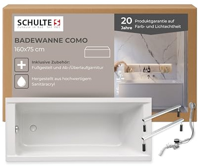 Schulte Badewanne Como 160x75 cm, inkl. Fußgestell und Ablauf, aus hochwertigem Acryl in Weiß glänzend