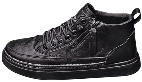 Sneaker High Top con cerniera laterale, da uomo, per il tempo libero, da uomo, in pelle, con suola piatta, con lacci, scarpe da ginnastica antiscivolo, traspirante, Nero , 44 EU