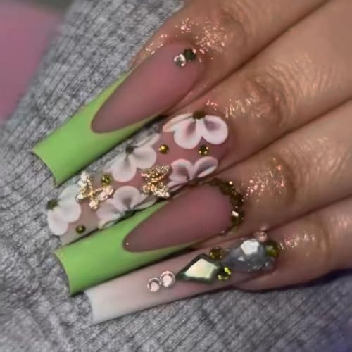 24pcs Long Press on Nails French Tip False Nails Green Edge White Pink Ombre Fake Nail Flower Butterfly Rhinestone Stick on Nails Removable Glue-on Acrylic Nail Tips Spring Accessories for Women