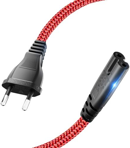 Goalfish - Cavo di alimentazione a 2 poli, 2 m, cavo di alimentazione di tipo C, spina europea (CEE 7/16 su C7), in nylon, con VDE per PS5, PS4, PS3, Xbox Serie X/S, TV Blu-Ray - rosso