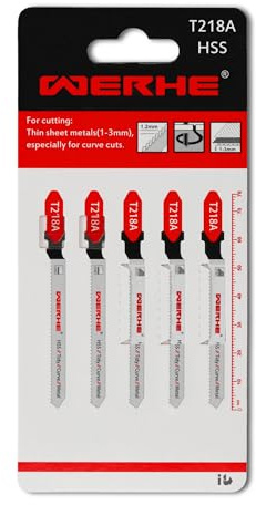 WERHE Stichsägeblätter T218A, HSS Stahl, Metall 1-3 mm, T-Schaft, 5 Stück | Kompatibel mit Bosch und Makita Stichsägen, Gesamtlänge 76 mm, Arbeitslänge 50 mm, verschleißfest, für saubere Kurvenschnitte