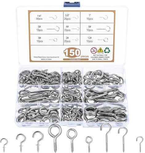 pzihao 150 Pcs Ganchos de Tornillo, Ganchos de Techo de Acero Inoxidable, Hembrillas Cerradas Gancho de Rosca de Ojos Atornillables para Colgar Tazas Llaves Lámparas Decoraciones (Plata)