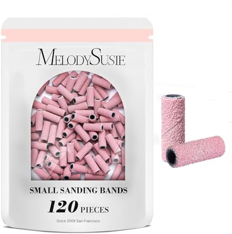 MelodySusie 120 Stück Schleifhülsen für Nagelfräser Bits (3,1-mm-Mandrel) – 180 Feinkorn-Schleifbänder für Acrylnägel/Gel-Maniküre/Pediküre (rosa)