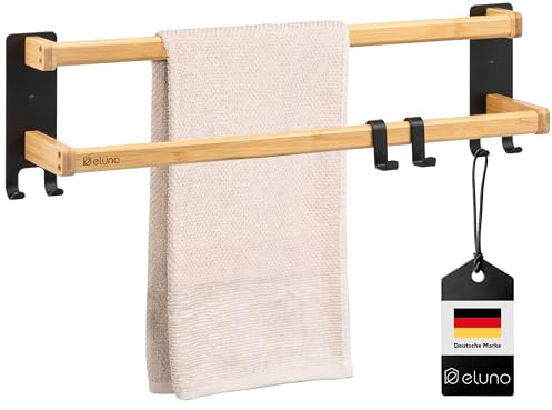 eluno Handtuchhalter 60 cm mit 2 Handtuchstangen und 6 praktischen Haken - mit hochwertigem Klebeband zum Kleben oder zum Bohren, mit versetzten Handtuchstangen, aus Metall und Bambus (schwarz)
