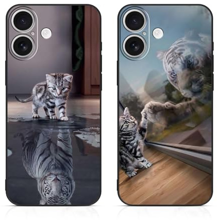 DiaryTown 2 Stück für iPhone 17 Hülle, Katze & Tiger | Schwarz Schutzhülle, Tier Muster Motiv, TPU Seidig Weiches Gefühl, Stoßfeste, Kratzfest, dünne Handyhülle, große Farbauswahl