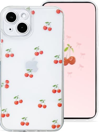 Draamvol for iPhone 14 Case, Clear Cute Cherry Pattern Slim Soft TPU Shockproof Phone Case Transparent Anti-Yellowing Protective Cover for Women Girls, Cherry