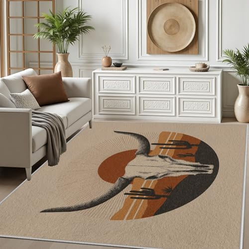 Dpvbffx Wild West Teppich rutschfest Weich, Stier Schädel Teppich Wohnzimmer 80x150 cm, Bauernhaus Vintage Teppiche Kurzflor Waschbare fur Schlafzimmer Badezimmer Kinderzimmer Schmutzfangteppich