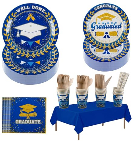CEILIWEN Juego de vajilla de graduación de 242 piezas para 30 invitados, plato de fiesta de graduación azul y dorado, taza, servilleta, pajita, cubiertos, mantel, vajilla de felicitaciones para