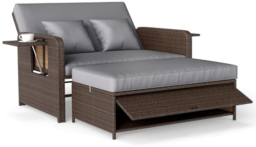 COSTWAY Polyrattan Sonnenliege, Gartenliege mit Verstellbarer Rückenlehne | Doppelliege 2 Personen mit Kissen & Seitenablagen, Balkonmöbel Kleiner Balkon, Gartensofa mit Liegefunktion, Loungebett