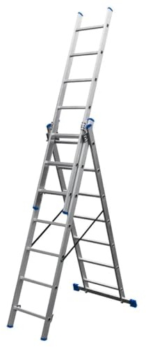 Bayersystem BS-DW 3x7 Mehrzweckleiter, 3x7 Sprossen, 3-teilige Alu-Kombileiter, bis 150 kg belastbar, max. Arbeitshöhe 4,78 m, Klappleiter, Multifunktionsleiter, Stehleiter, Silber/Blau