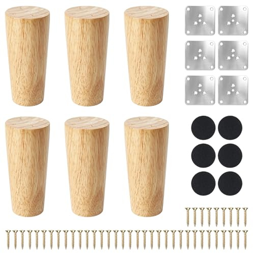 Luabue 6 Pièces Pieds de Meubles en Bois 10CM Pieds de Lit | Pieds Coniques pour Canapé Pieds Meubles Bois Rechange avec Vis pour DIY Meuble Sofa Fauteuil Armoire Lit Chaise Placards