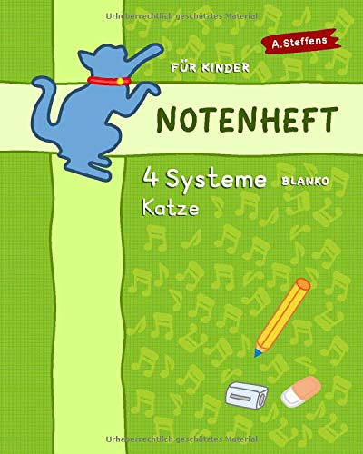 Notenheft für Kinder. Blanko. 4 Systeme. Katze.