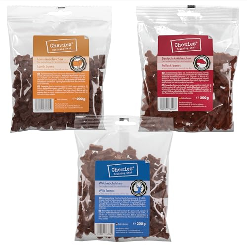 Chewies Hundeleckerli MAXI Mix 2 Lamm, Wild & Lachs Knöchelchen Training - 3 x 200 g - Fleisch Softies ohne Zucker - Hundesnacks mit hohem Fleischanteil (600 g)