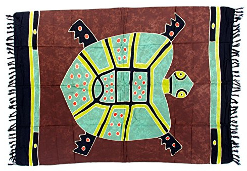 Kascha Sarong Pareo Wickelrock Strandtuch Tuch Wickeltuch Handtuch - Blickdicht - ca. 170cm x 110cm - Braun Grün Batik mit Schildkröte Motiv Handgefertigt inkl. Kokos Schnalle in Rauteform