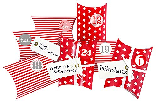 Frau WUNDERVoll® DIY Adventskalender zum Befüllen Christkind: Set 175, Kissenschachteln 15x11x4,5cm rot Sterne und Streifen, Ziffern rosa-rot