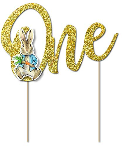 Anniversary House Official Beatrix Potter™ Peter Rabbit™ 1st Birthday One Gold Glitter Cake Topper with Attachment, Paper, Bamboo Picks, Premium Cake Decorations, Pack of 1, J003