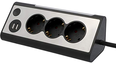 Unitec 30884 Regleta esquinera | 2 Puertos de Carga USB | 3 enchufes | iluminación LED | Interruptor táctil | Frontal de Acero Inoxidable, Negro y Plateado