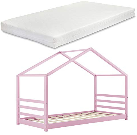 [en.casa] Kinderbett Vardø mit Matratze und Gitter 90x200cm Hausbett Kiefernholz Bettenhaus Bett Jugendbett Rosa