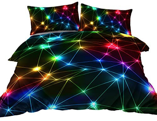 BlessLiving Triangle Retro Neon Duvet Cover Sets Glowing Sparkling Rainbow Laser Pattern 3 Piece Boy Bedding Sets (King)